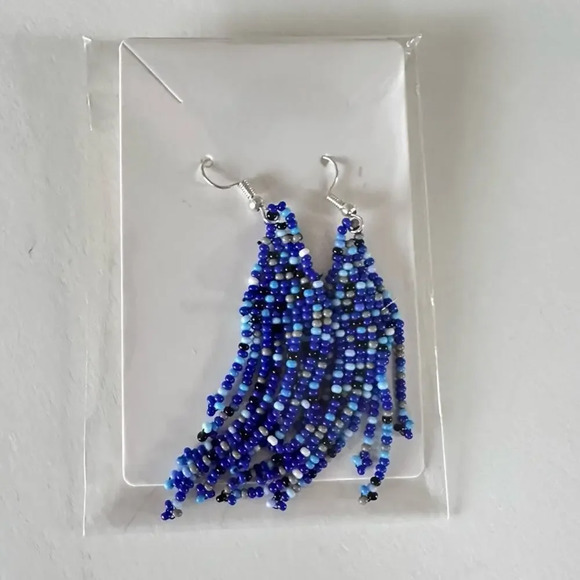 Western Beaded Handmade Tassel Fringe Blue Earrings - Picture 3 of 3